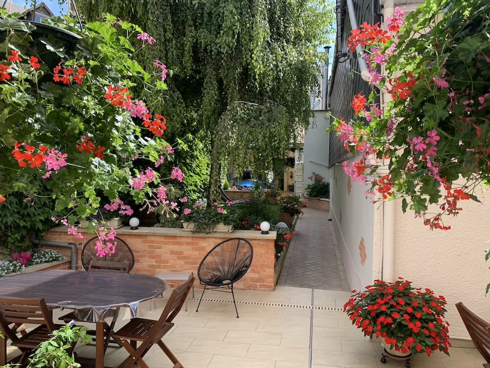 A view of the Linterfaces garden from the flowered terrace with the path on the right leading to the entrance courtyard and the 2 electric cars.
